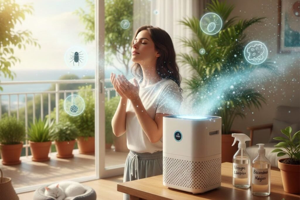 Crises Alérgicas: O Guia Definitivo Sobre Por Que Ocorrem, O Que Acontece e Como Evitar de Forma Sustentável 2 Mulher respira ar puro ao lado de purificador de ar HEPA, que neutraliza ácaros, fungos e pólen. Soluções de limpeza sustentáveis (vinagre e bicarbonato) na mesa. Imagem ilustra como evitar crises alérgicas e promover a qualidade do ar interno.