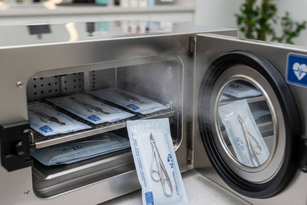 Esterilização em Autoclave: Por que ela é indispensável para a biossegurança em Salões de Beleza? 1 Autoclave de aço inoxidável aberta em um salão de beleza profissional, mostrando pacotes de papel grau cirúrgico com alicates de cutícula sendo submetidos ao processo de esterilização em autoclave com vapor visível.