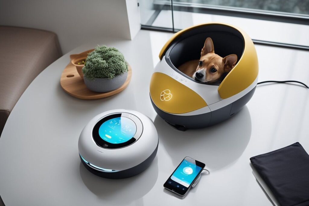 Transforme Sua Casa em Lar Inteligente com IA Acessível e Segura para Pets 4 Cachorro em cama inteligente futurista amarela e branca, ao lado de um hub de controle com tela azul, smartphone conectado e planta suculenta em mesa branca, ilustrando um lar inteligente com IA