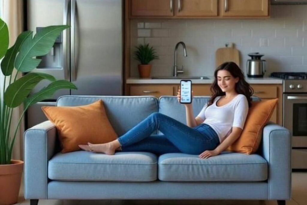 Limpeza Automática em Apartamentos Pequenos 2025. Melhores Dispositivos IA para Cozinha. 5 Limpeza automática, Jovem mulher relaxada no sofá de apartamento pequeno controlando dispositivos inteligentes de limpeza e cozinha pelo celular, em ambiente limpo e moderno