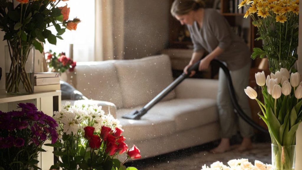 Como a Limpeza de estofados reduz alergias e melhora a qualidade do ar em casa combatendo ácaros. 10 Ilustração conceitual sobre como a limpeza de estofados reduz alergias e melhora a qualidade do ar interno. Sala de estar com vasos de flores coloridas liberando pólen no ar, enquanto uma pessoa aspira um sofá claro, removendo uma nuvem de poeira fina.