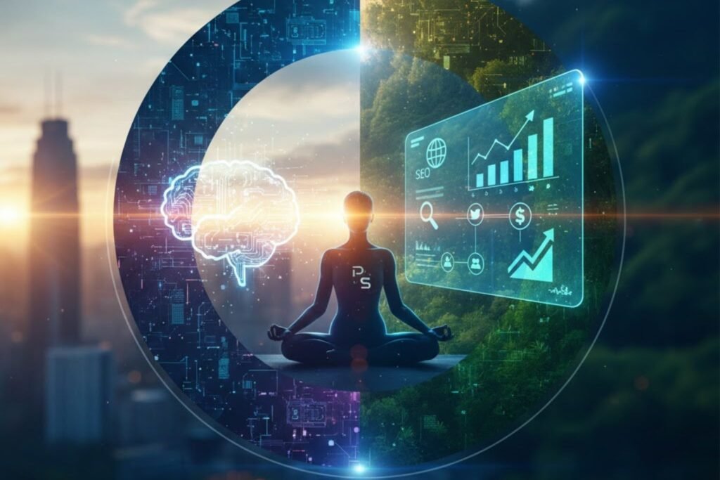 O Poder da Presença Digital no Bem-Estar: Por que sua Marca Precisa de Estratégia em 2026 8 Pessoa em posição de meditação integrada a gráficos de performance digital, SEO e ícone de cérebro tecnológico, representando o Poder da Presença Digital