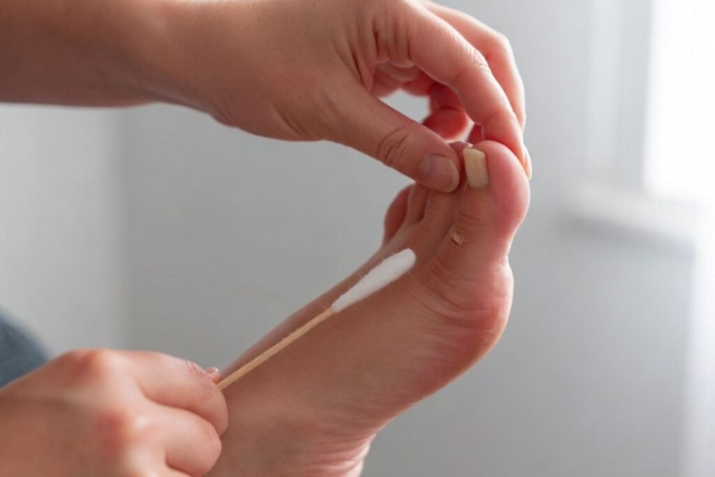 Por Que as Unhas Encravam e Como Tratar: Guia Completo para Prevenção e Cuidados Eficazes 6 Por que as unhas encravam Close-up de mãos tratando unha encravada no dedão do pé: uma pessoa aplica algodão com cotonete e coloca curativo na área inflamada e vermelha."