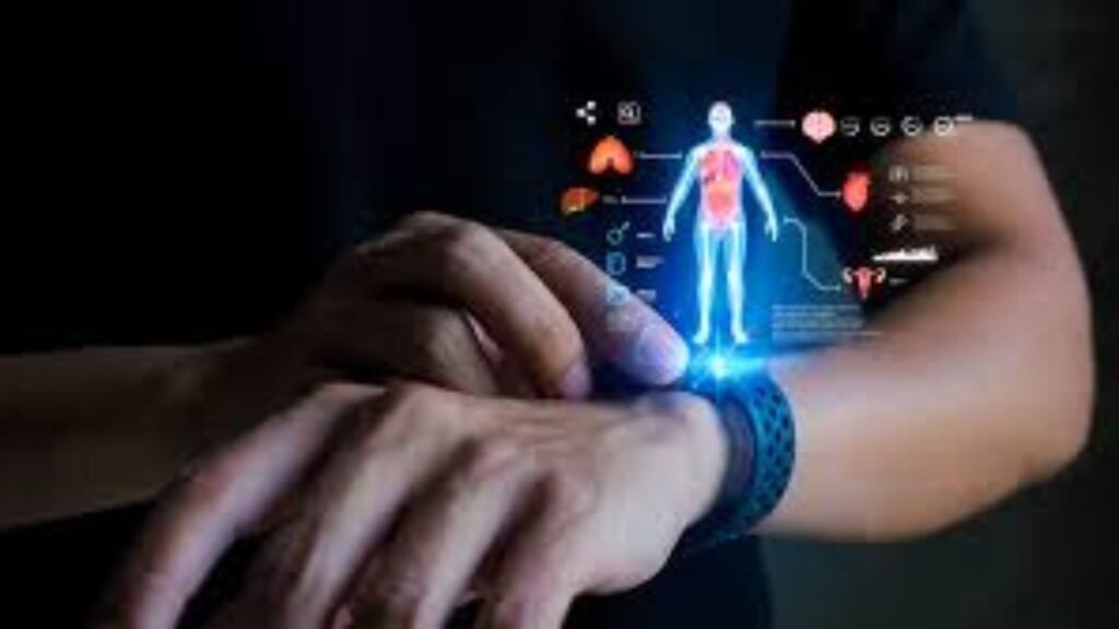 Wearables de Saúde: Como Relógios Inteligentes 2025. Ajudam no Controle do Sono e do Estresse? 9 Pessoa usando relógio inteligente com projeção holográfica do corpo humano e métricas de saúde (coração, cérebro, oxigênio), ilustrando como wearables de saúde monitoram sono, estresse e bem-estar em tempo real – 2025.