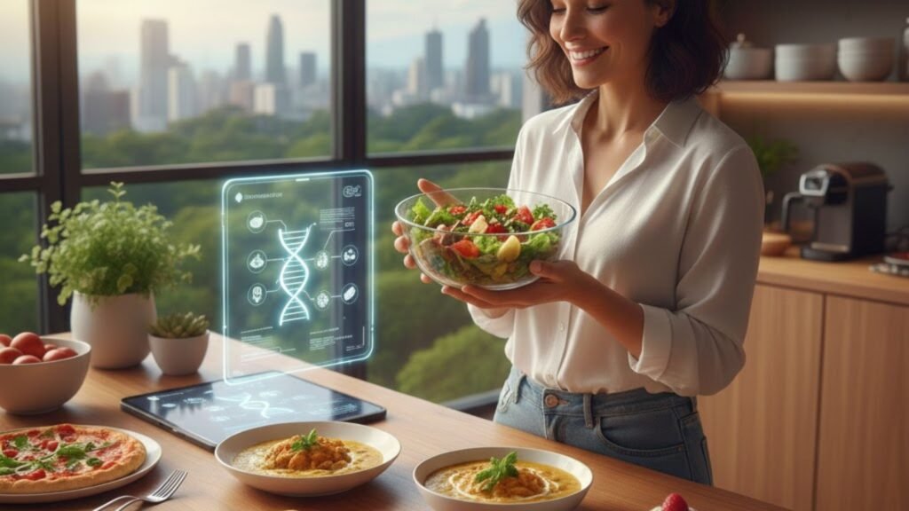 Restrições Alimentares Transformam a Saúde em 2026: O Guia Definitivo da Nutrição Consciente 9 Mesa de café da manhã saudável com pães artesanais, frutas e dispositivos tecnológicos de monitoramento de saúde para controle de restrições alimentares em um ambiente moderno e iluminado."