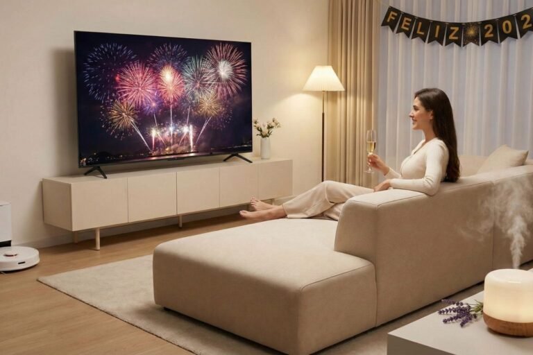 Pessoa relaxada no sofá assistindo aos fogos de artifício na TV em uma sala limpa por aspirador robô, representando o resultado de um Detox da Casa para eliminar a energia estagnada antes do Ano Novo