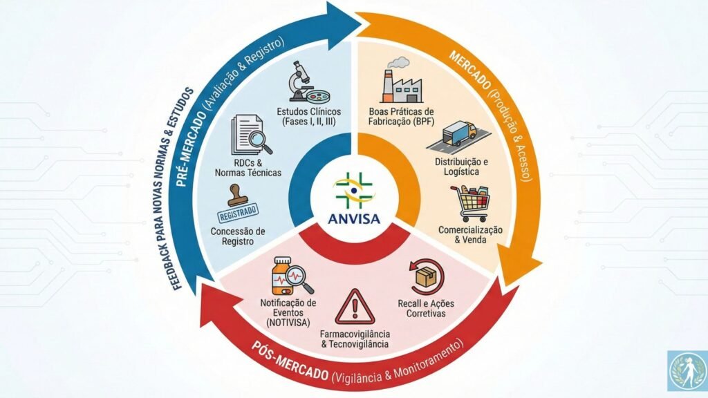 O Que é a ANVISA? Guia Definitivo sobre a Agência que Protege a Saúde do Brasil 3 Infográfico do ciclo de regulação sanitária da ANVISA: do registro pré-mercado ao monitoramento pós-mercado via Notivisa.