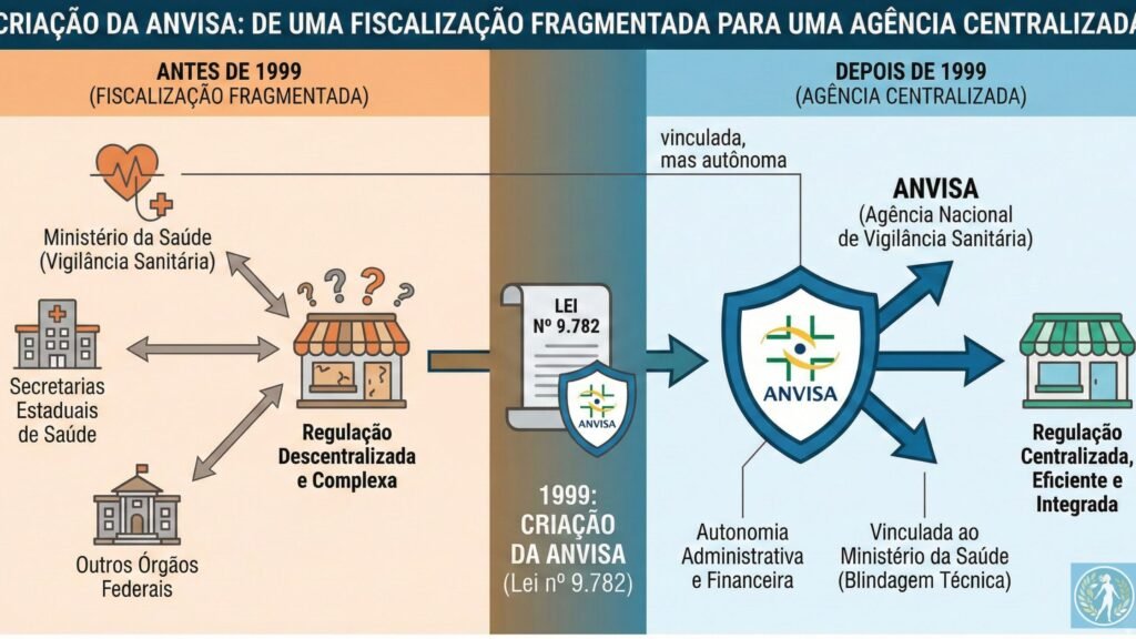 O Que é a ANVISA? Guia Definitivo sobre a Agência que Protege a Saúde do Brasil 1 Infográfico explicando a criação da ANVISA em 1999 e sua estrutura de autarquia especial vinculada ao Ministério da Saúde.