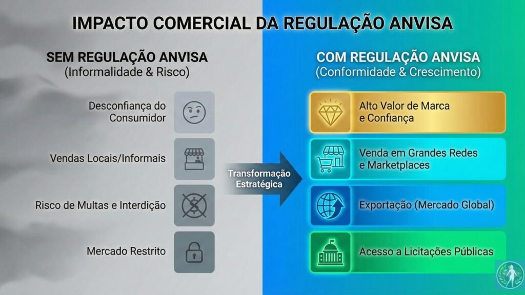 O Que é a ANVISA? Guia Definitivo sobre a Agência que Protege a Saúde do Brasil 6 Gráfico comparativo mostrando as vantagens comerciais de uma empresa regularizada na ANVISA versus os riscos da informalidade.