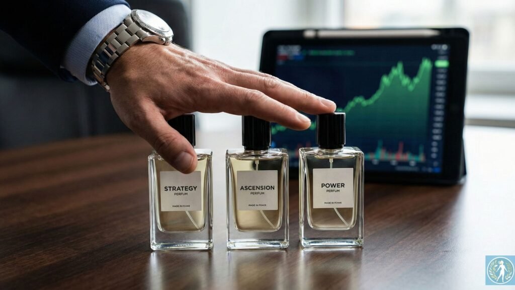 Perfume Masculino para o Trabalho: O Guia da Assinatura Olfativa de Sucesso 3 Um close-up da mão de um homem bem vestido, com um relógio elegante, pairando de forma decisiva sobre três frascos de perfume de design premium (vidro pesado, rótulos minimalistas) dispostos sobre uma mesa de madeira nobre. Ao fundo, desfocado, um tablet mostra um gráfico financeiro em alta. A imagem deve transmitir a ideia de que escolher o perfume é tão importante quanto analisar o gráfico).