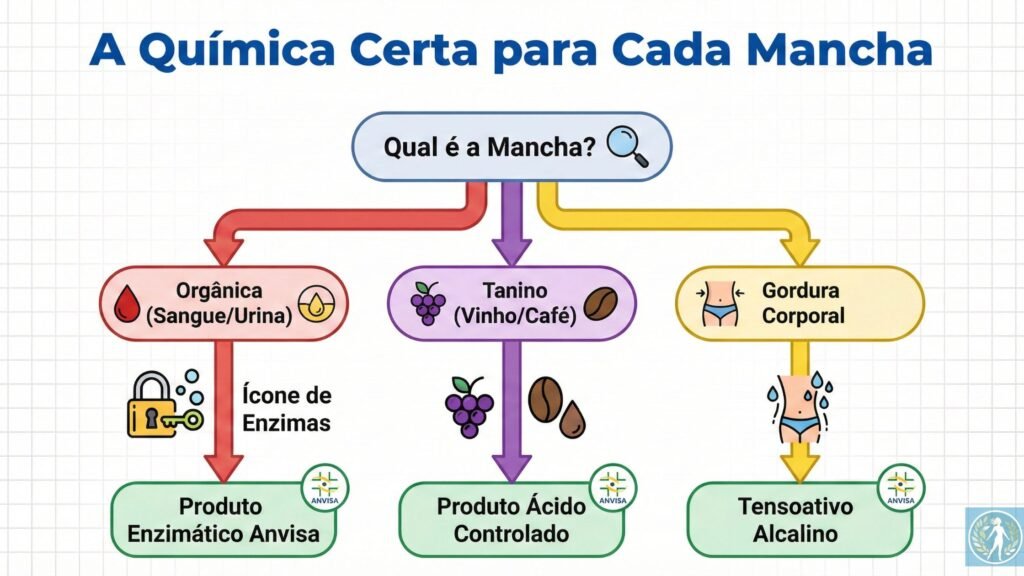 Produtos de Limpeza Aprovados pela Anvisa: Por Que Exigi-los é Questão de Saúde Pública e Não Apenas Burocracia 8 Infográfico mostrando como profissionais utilizam produtos específicos aprovados pela Anvisa para cada tipo de mancha, como vinho, sangue e gordura.