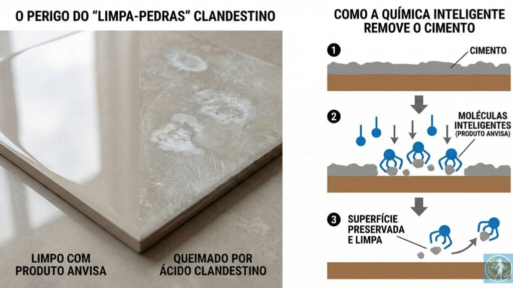Produtos de Limpeza Aprovados pela Anvisa: Por Que Exigi-los é Questão de Saúde Pública e Não Apenas Burocracia 9 Infográfico ilustrando como desincrustantes ácidos tamponados aprovados pela Anvisa removem resíduos de cimento sem danificar o piso. E