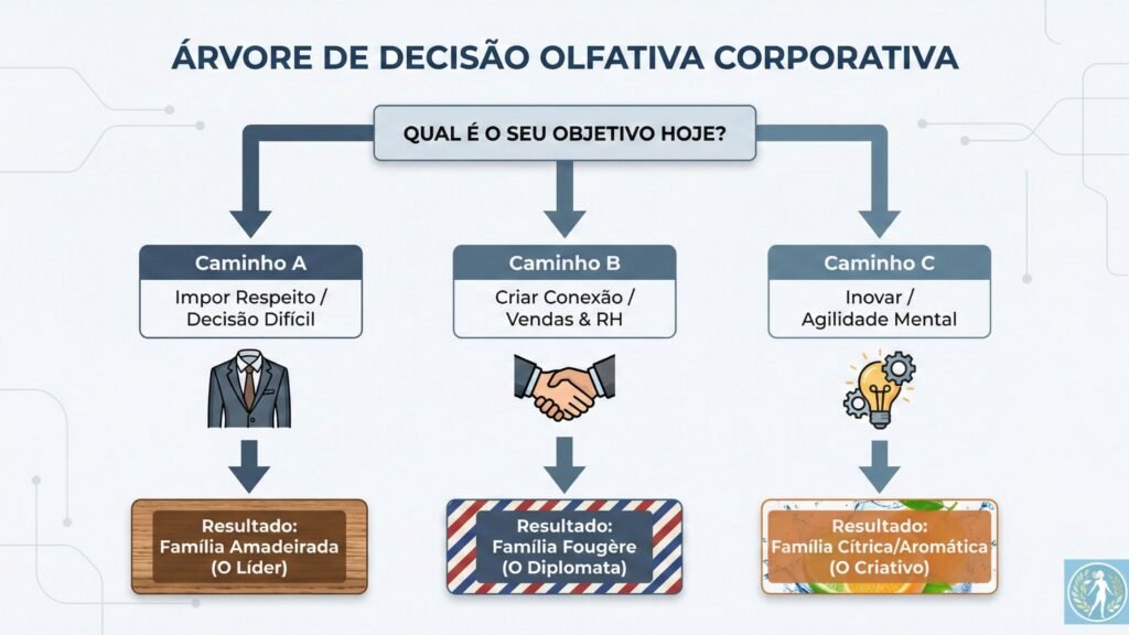Perfume Masculino para o Trabalho: O Guia da Assinatura Olfativa de Sucesso 4 um fluxograma. Início: "QUAL É O SEU OBJETIVO HOJE?". Três caminhos saem dele:
Caminho A: "Impor Respeito / Decisão Difícil" -> Ícone de Terno -> Resultado: Família Amadeirada (O Líder).
Caminho B: "Criar Conexão / Vendas & RH" -> Ícone de Aperto de Mão -> Resultado: Família Fougère (O Diplomata).
Caminho C: "Inovar / Agilidade Mental" -> Ícone de Lâmpada/Startup -> Resultado: Família Cítrica/Aromática (O Criativo).)*