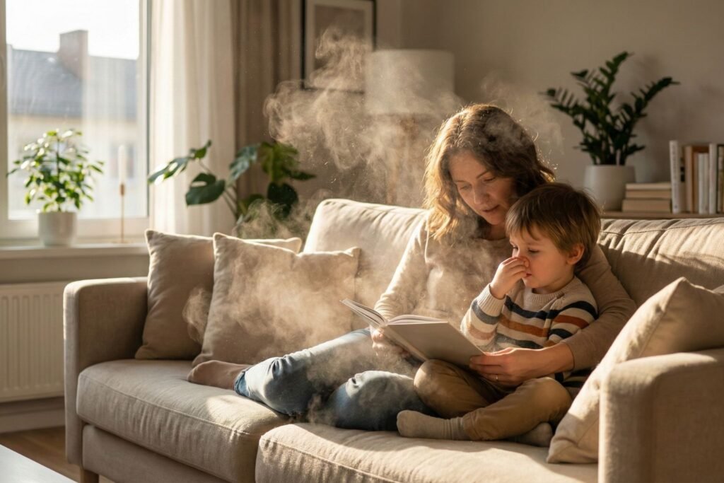 Como Eliminar Ácaros do Sofá O Inimigo Invisível: Por Que Sua Casa "Limpa" Pode Estar Destruindo Sua Imunidade (E Como Resolver) 2 Raio de sol revelando nuvem de poeira e alérgenos ao redor de mãe e filho, ilustrando a necessidade de saber como eliminar ácaros do sofá.