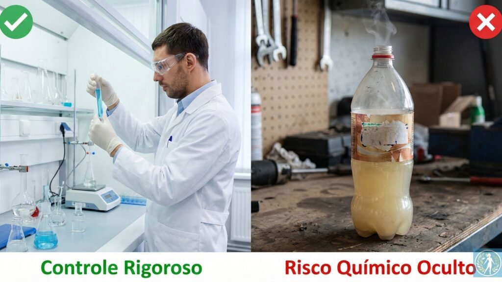 Produtos de Limpeza Aprovados pela Anvisa: Por Que Exigi-los é Questão de Saúde Pública e Não Apenas Burocracia 2 Comparativo entre a seguranca dos testes laboratoriais da Anvisa e o perigo da instabilidade quimica em produtos clandestinos em garrafas PET universo do bem estar