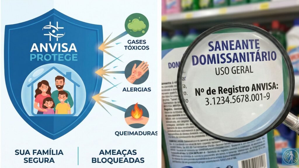 Produtos de Limpeza Aprovados pela Anvisa: Por Que Exigi-los é Questão de Saúde Pública e Não Apenas Burocracia 1 Infografico ilustrando a funcao da Anvisa como escudo protetor contra riscos quimicos domesticos universo do bem estar