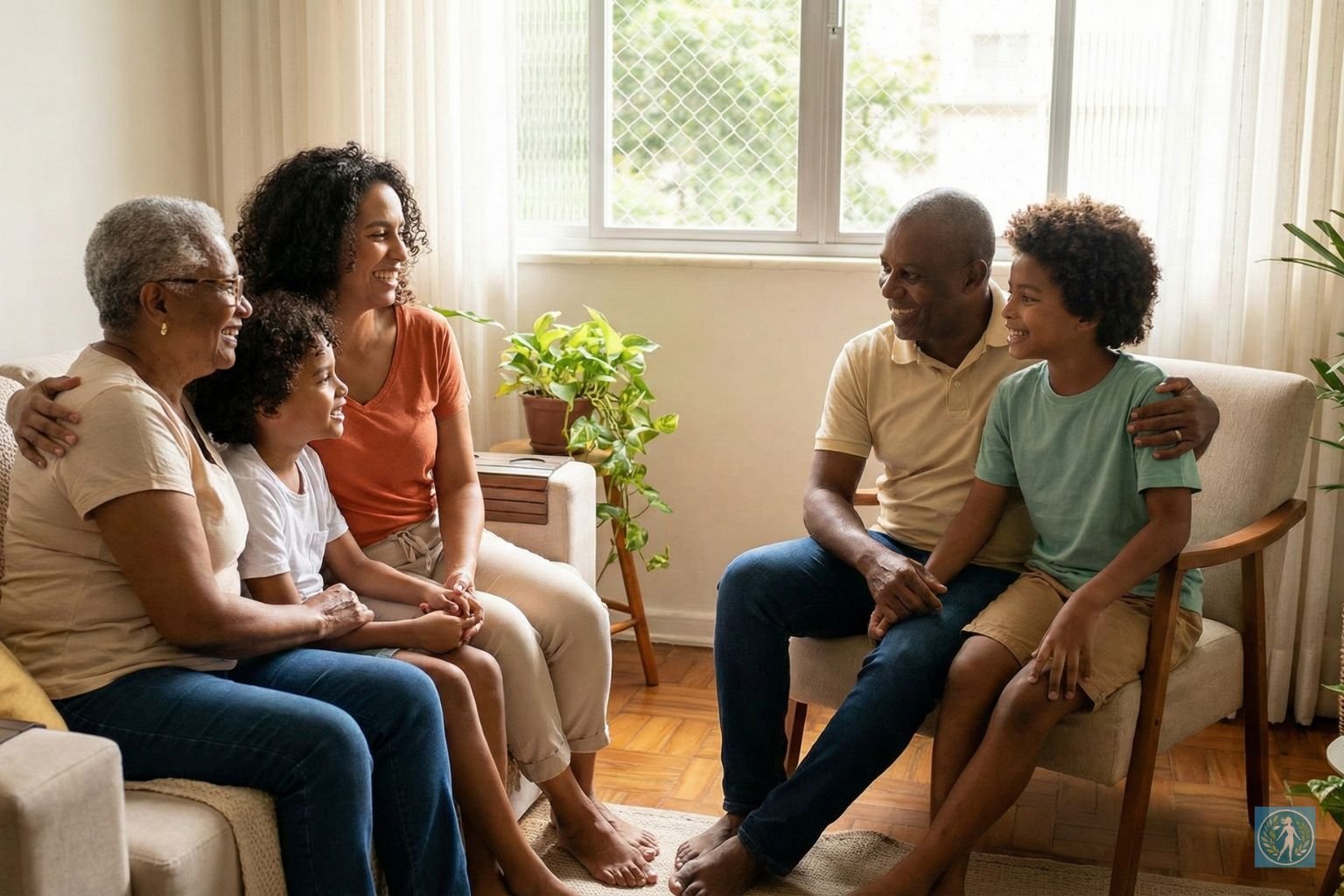 Família multigeracional reunida conversando com afeto na sala de estar, ilustrando o apoio familiar como pilar da campanha Janeiro Branco e Saúde Mental na Família.