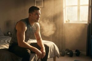 Atleta cansado respirando uma nuvem de poeira visível pela luz do sol em um quarto, ilustrando o conceito de como a poeira afeta o rendimento no treino e a recuperação física.