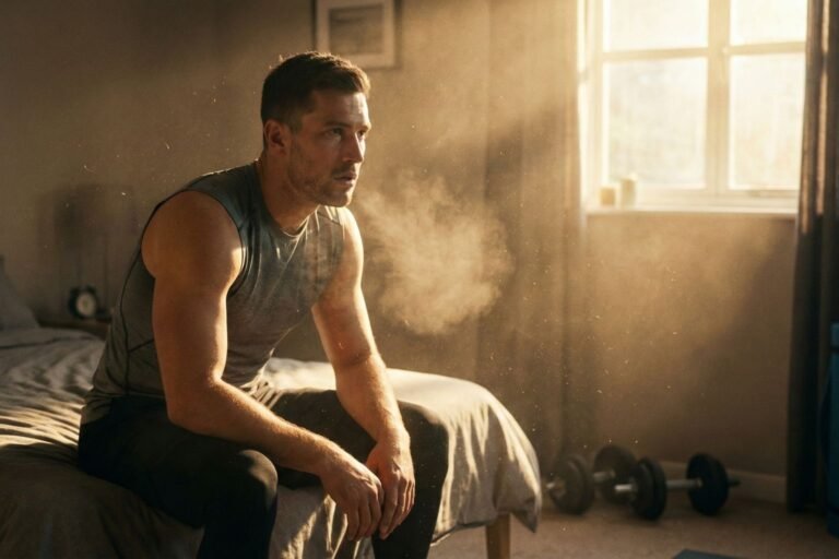 Atleta cansado respirando uma nuvem de poeira visível pela luz do sol em um quarto, ilustrando o conceito de como a poeira afeta o rendimento no treino e a recuperação física.