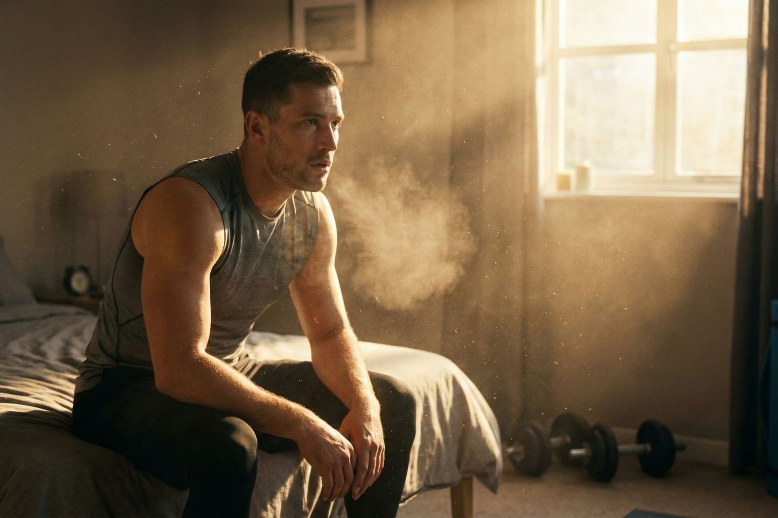 Atleta cansado respirando uma nuvem de poeira visível pela luz do sol em um quarto, ilustrando o conceito de como a poeira afeta o rendimento no treino e a recuperação física.