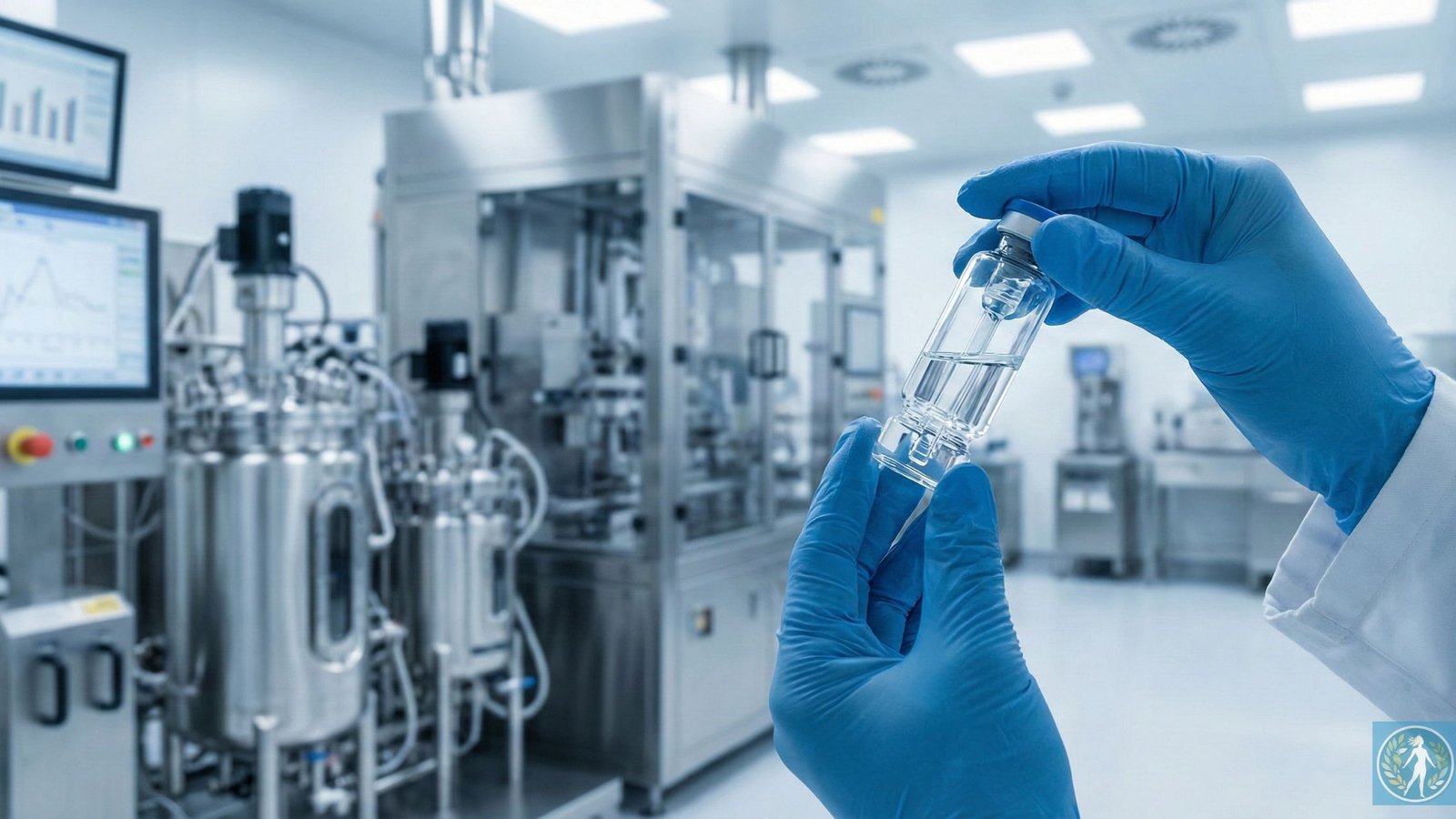 Mãos com luvas azuis inspecionando um frasco de medicamento em um laboratório farmacêutico moderno, visualizando o processo de controle de qualidade que explica o que é ANVISA.