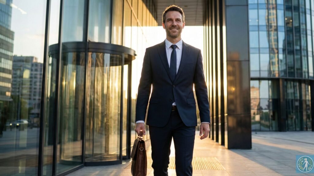 Perfume Masculino para o Trabalho: O Guia da Assinatura Olfativa de Sucesso 11 Uma foto de um homem de negócios confiante, na faixa dos 35-45 anos, impecavelmente vestido com um terno sob medida, saindo de um edifício comercial moderno e espelhado. Ele segura uma pasta de couro e tem um sorriso sutil e determinado no rosto. A luz do sol bate nele, criando um leve "brilho" ao seu redor. Ele olha para a frente, como quem acabou de fechar um grande negócio. A imagem não mostra produtos, mas vende o "estado de espírito" e o resultado final de ter seguido todo o guia).