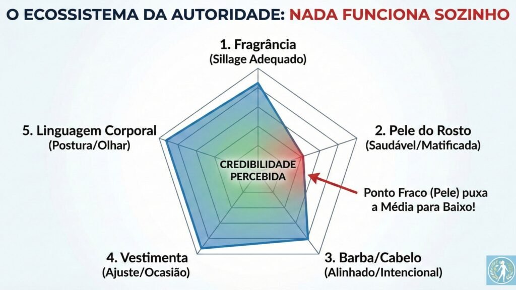 Perfume Masculino para o Trabalho: O Guia da Assinatura Olfativa de Sucesso 8 Um gráfico estilo "radar" ou "teia de aranha" com 5 pontas: 1. Fragrância (Sillage Adequado), 2. Pele do Rosto (Saudável/Matificada), 3. Barba/Cabelo (Alinhado/Intencional), 4. Vestimenta (Ajuste/Ocasião), 5. Linguagem Corporal (Postura/Olhar). O objetivo é mostrar que se um ponto estiver baixo (ex: Pele ruim), ele puxa a média da "Credibilidade Percebida" (o centro do radar) para baixo, mesmo que a Fragrância esteja no máximo. Título: O ECOSSISTEMA DA AUTORIDADE: NADA FUNCIONA SOZINHO.)