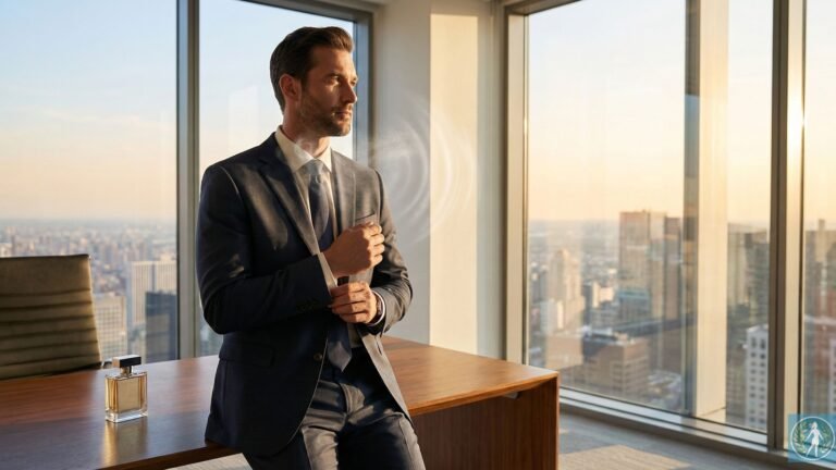 Homem de negócios confiante em escritório executivo ao lado de um frasco elegante, simbolizando o uso estratégico do Perfume Masculino para o Trabalho para aumentar a autoridade e a presença profissional.