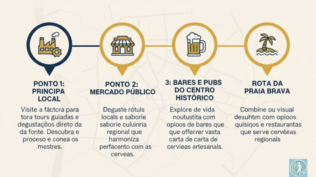 Guia da Cerveja Artesanal: Onde o Sabor Encontra o Bem-Estar e o Turismo 10 Itajaí Cervejeira: Seu Roteiro Essencial
Ponto 1: Principal Fábrica Local (Ícone de fábrica): Visite a fábrica para tours guiados e degustações direto da fonte. Descubra o processo e conheça os mestres.
Ponto 2: Mercado Público (Ícone de mercado): Deguste rótulos locais e saboreie a culinária regional que harmoniza perfeitamente com as cervejas.
Ponto 3: Bares e Pubs do Centro Histórico (Ícone de copo de cerveja): Explore a vida noturna com opções de bares que oferecem vasta carta de cervejas artesanais.
Ponto 4: Rota da Praia Brava (Ícone de praia): Combine o visual deslumbrante com opções de quiosques e restaurantes que servem cervejas regionais.
Dica Extra: Programe sua visita durante festivais de cerveja locais para uma experiência completa!