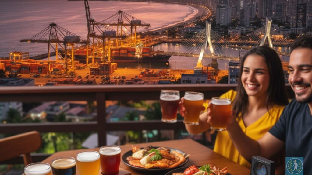 Guia da Cerveja Artesanal: Onde o Sabor Encontra o Bem-Estar e o Turismo 9 Aqui, uma foto panorâmica de Itajaí ou Balneário Camboriú ao entardecer, com o porto visível e as luzes da cidade acendendo, ou uma imagem de um grupo de pessoas em um ambiente de cervejaria ao ar livre, com taças de cerveja e petiscos, refletindo o clima de lazer e gastronomia da região.