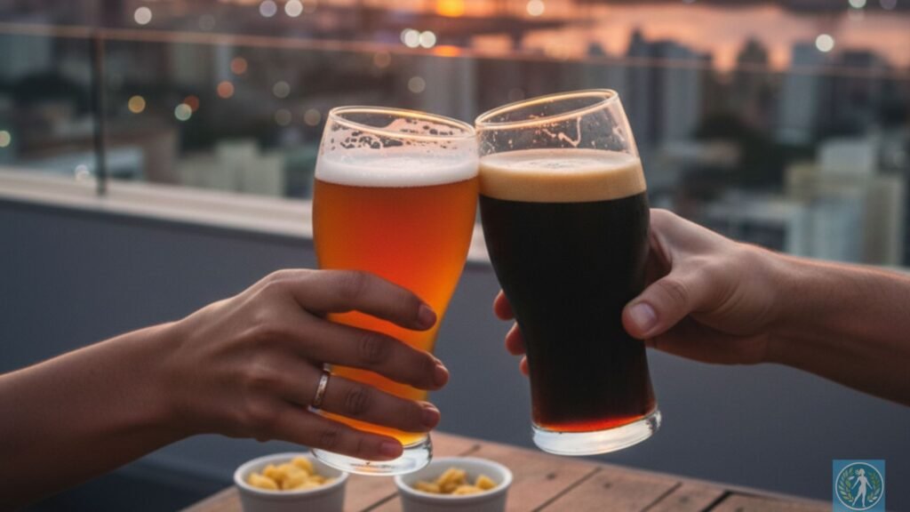 Guia da Cerveja Artesanal: Onde o Sabor Encontra o Bem-Estar e o Turismo 11 Aqui, sugiro uma imagem que evoque celebração, comunidade e a beleza do litoral catarinense. Uma foto de um brinde entre amigos em um ambiente acolhedor, com taças de cerveja artesanal e um pôr do sol sobre a paisagem costeira de Itajaí ou Balneário Camboriú ao fundo. Isso reforça a mensagem de bem-estar, conexão e a beleza da região.
