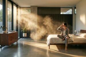 Homem sentado na cama de um quarto moderno iluminado pelo sol, esfregando os olhos enquanto um raio de luz revela poeira e partículas suspensas no ar, ilustrando os desafios invisíveis para uma casa saudável.