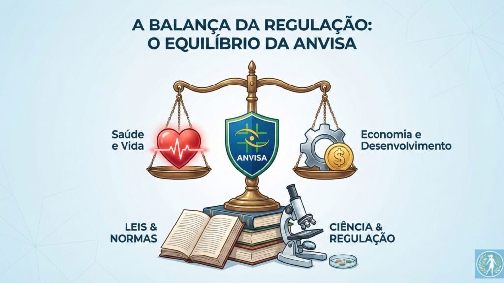 O Que é a ANVISA? Guia Definitivo sobre a Agência que Protege a Saúde do Brasil 10 Infográfico ilustrando a ANVISA como o fiel da balança que equilibra a proteção da saúde pública e o desenvolvimento econômico através da ciência.