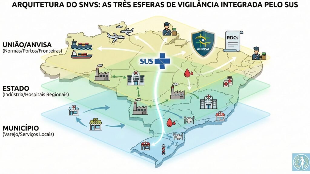 O Que é a ANVISA? Guia Definitivo sobre a Agência que Protege a Saúde do Brasil 2 Diagrama ilustrando as três esferas de atuação do Sistema Nacional de Vigilância Sanitária (SNVS) no Brasil: Federal, Estadual e Municipal.
