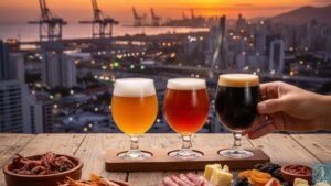 Degustação de Cerveja Artesanal em Itajaí com tábua de queijos e frutos do mar ao pôr do sol, destacando o turismo gastronômico local.