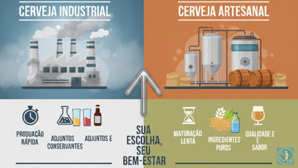 Guia da Cerveja Artesanal: Onde o Sabor Encontra o Bem-Estar e o Turismo 1 Topo: Ambiente de Produção
Lado Industrial: Apresenta uma fábrica cinzenta com chaminés liberando fumaça, simbolizando uma produção em massa e impessoal.
Lado Artesanal: Mostra um ambiente de microcervejaria com tanques de inox, barris de madeira e sacos de grãos, remetendo a um processo cuidadoso e tradicional.
2. Meio: Processos e Ingredientes
O infográfico utiliza ícones para detalhar as diferenças técnicas:
Cerveja Industrial: Destaca a "Produção Rápida", o uso de "Adjuntos e Conservantes" (representados por frascos químicos) e o foco em "Preço Baixo/Menor Valor".
Cerveja Artesanal: Enfatiza a "Maturação Lenta" (ícone de ampulheta), "Ingredientes Puros" (malte e lúpulo naturais) e o resultado em "Qualidade e Sabor".