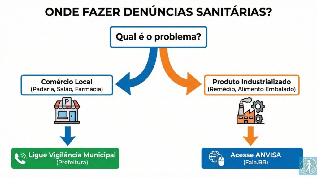 O Que é a ANVISA? Guia Definitivo sobre a Agência que Protege a Saúde do Brasil 9 Fluxograma orientando onde fazer denúncias sanitárias: Prefeitura para comércio local e ANVISA para produtos industrializados.