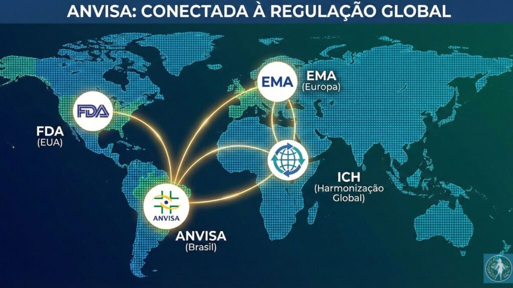 O Que é a ANVISA? Guia Definitivo sobre a Agência que Protege a Saúde do Brasil 7 Mapa ilustrando a posição da ANVISA como membro do ICH, conectada às principais agências reguladoras do mundo como FDA e EMA.