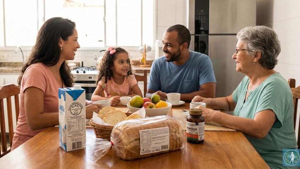 O Que é a ANVISA? Guia Definitivo sobre a Agência que Protege a Saúde do Brasil 4 Família tomando café da manhã com produtos regulados pela ANVISA, ilustrando a segurança alimentar no cotidiano.