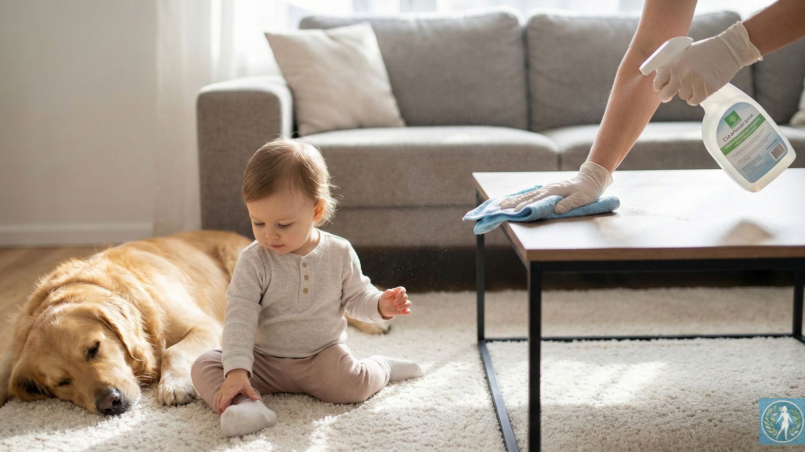 Profissional realizando higienização segura em sala com bebê e cachorro usando Produtos de Limpeza Aprovados pela Anvisa.