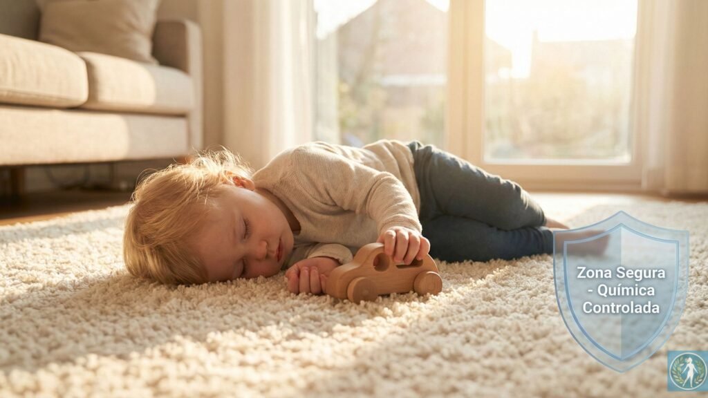 Produtos de Limpeza Aprovados pela Anvisa: Por Que Exigi-los é Questão de Saúde Pública e Não Apenas Burocracia 11 Criança brincando segura em tapete higienizado com produtos aprovados pela Anvisa, livre de resíduos tóxicos.