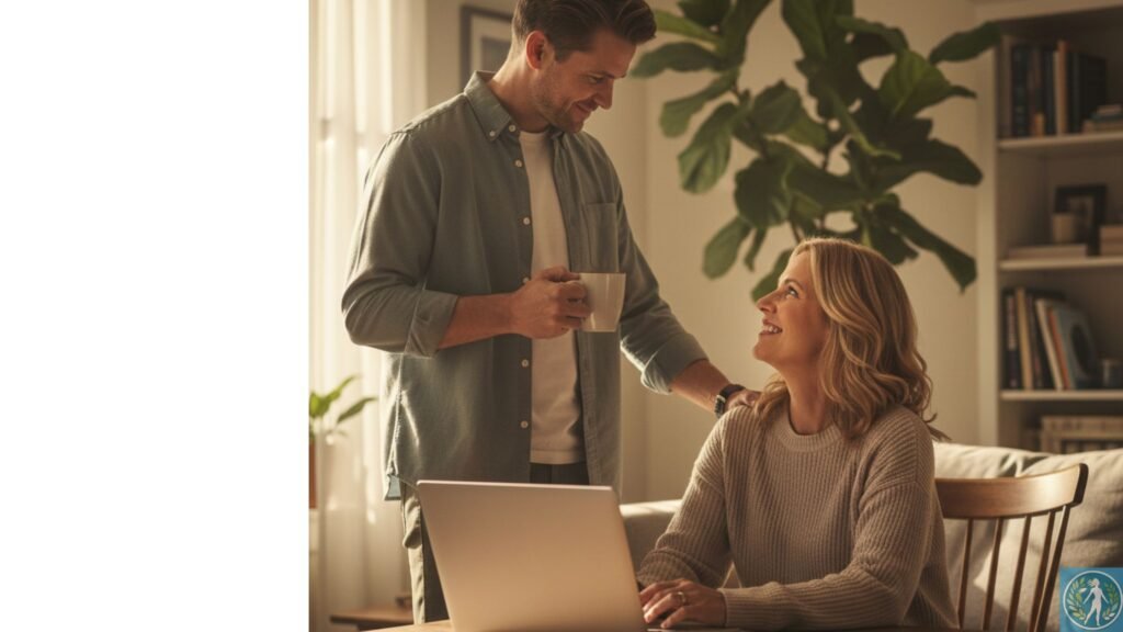 Recomeçar a Carreira aos 40: O Guia Prático do Home Office Lucrativo 6 Um casal na cozinha ou sala. O homem está de pé, servindo café ou tocando o ombro da mulher com carinho/apoio. A mulher está sentada com o laptop, olhando para ele com um sorriso de gratidão e alívio, e não de submissão. A luz é quente (golden hour).
Texto Alternativo (Alt Text): Marido apoiando esposa que trabalha em home office, demonstrando parceria e suporte na transição de carreira, sem pressão financeira.