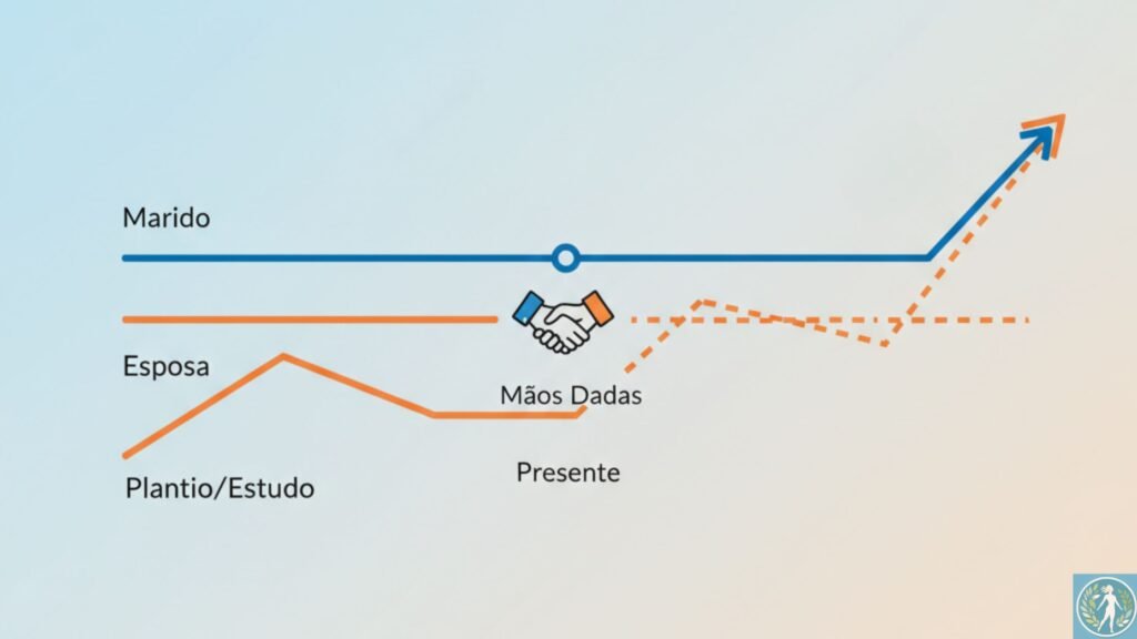 Recomeçar a Carreira aos 40: O Guia Prático do Home Office Lucrativo 5 Um gráfico de linha temporal com duas linhas.
Linha Azul (Marido): Alta e estável (representando a fase de Colheita).
Linha Laranja (Esposa): Começa baixa (fase de Plantio/Estudo), mas com uma seta pontilhada apontando para um crescimento exponencial futuro, cruzando a linha azul lá na frente.
Destaque: Um ícone de "Mãos Dadas" conectando as duas linhas no presente, simbolizando o suporte.