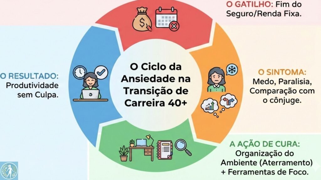 Recomeçar a Carreira aos 40: O Guia Prático do Home Office Lucrativo 1 Um gráfico circular mostrando 4 estágios:
O Gatilho: Fim do Seguro/Renda Fixa.
O Sintoma: Medo, Paralisia, Comparação com o cônjuge.
A Ação de Cura: Organização do Ambiente (Aterramento) + Ferramentas de Foco.
O Resultado: Produtividade sem Culpa.