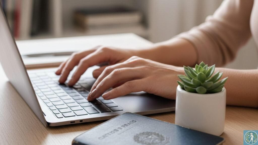 Recomeçar a Carreira aos 40: O Guia Prático do Home Office Lucrativo 4 Imagem (Contexto Semântico)
Descrição da Cena: Close nas mãos de uma mulher sobre um teclado de laptop moderno. Ao lado, uma carteira de trabalho antiga (CTPS brasileira) fechada e deixada de lado, sob uma planta ou vaso de suculenta. Foco na digitação (o novo) e desfoque na carteira (o velho).
Mãos de mulher digitando em laptop home office, com carteira de trabalho deixada de lado, simbolizando transição de carreira e empreendedorismo feminino.