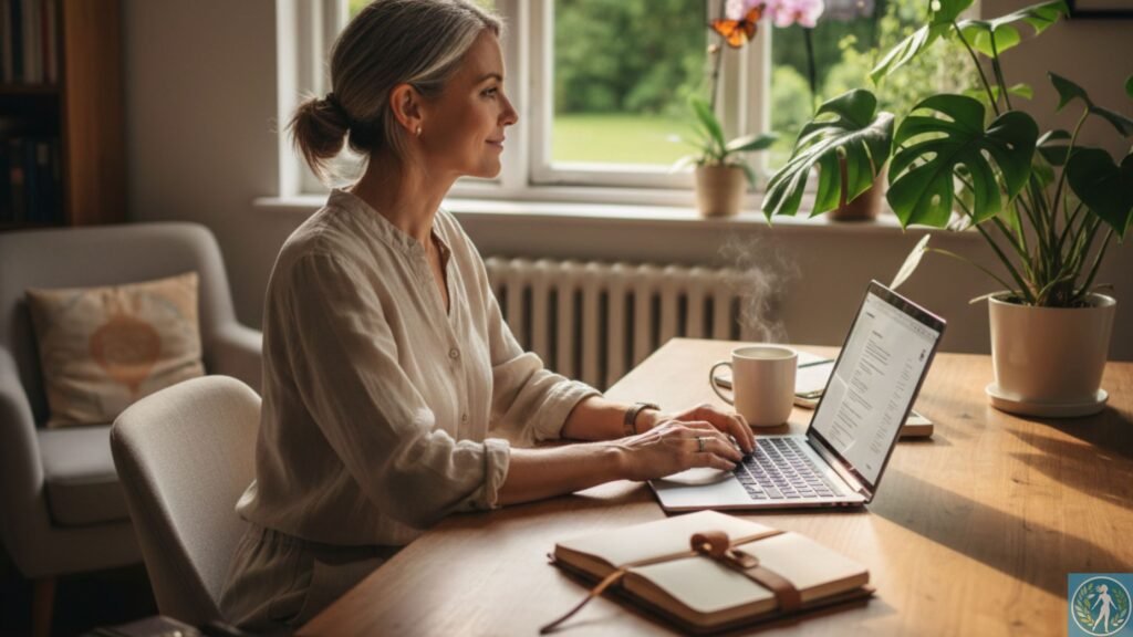 Recomeçar a Carreira aos 40: O Guia Prático do Home Office Lucrativo 2 Mulher de 44 anos sorrindo enquanto trabalha no laptop em uma mesa de madeira organizada, representando o sucesso e a tranquilidade de recomeçar a carreira aos 40 trabalhando de casa.