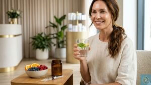 Mulher com pele de viço natural sorrindo em clínica estética, segurando água com hortelã ao lado de frutas antioxidantes e seringa estéril, ilustrando como Potencializar Resultados de Bioestimuladores e Skinboosters com Nutrição.