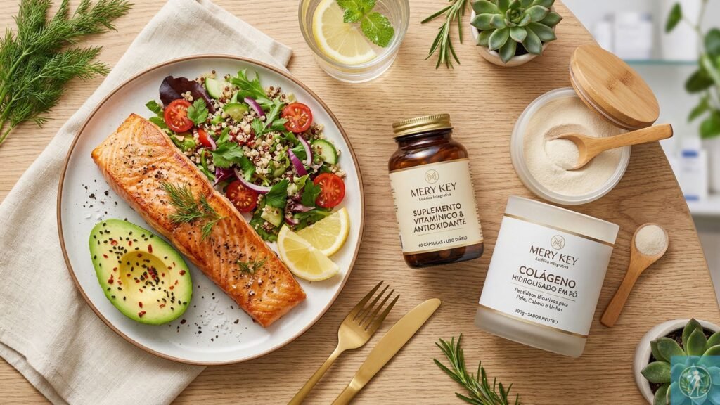 O Corpo é um Ecossistema e como Potencializar Resultados de Bioestimuladores e Skinboosters com Nutrição. 2 Nutrição funcional com vitaminas e peptídeos de colágeno, preparando a pele de dentro para fora para potencializar tratamentos estéticos na clínica em https://draroseleirosa.com.br/ Elementos visuais com http://wa.me/5548988552164.