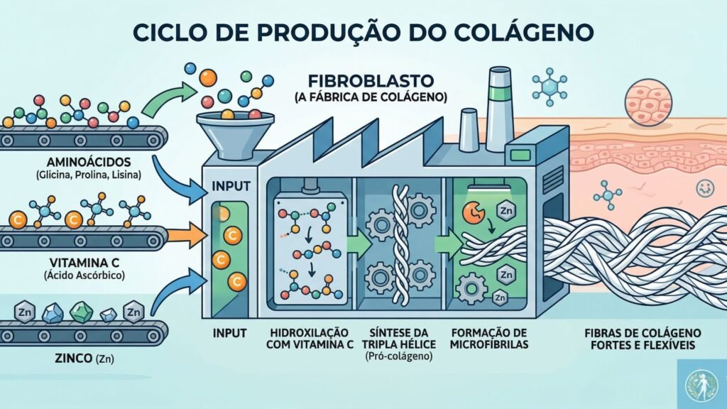 O Corpo é um Ecossistema e como Potencializar Resultados de Bioestimuladores e Skinboosters com Nutrição. 3 O "Ciclo de Produção do Colágeno". Um desenho simples mostrando: Aminoácidos + Vitamina C + Zinco entrando em uma "fábrica" (o Fibroblasto) e saindo do outro lado como "Fibras de Colágeno Fortes e Flexíveis".
