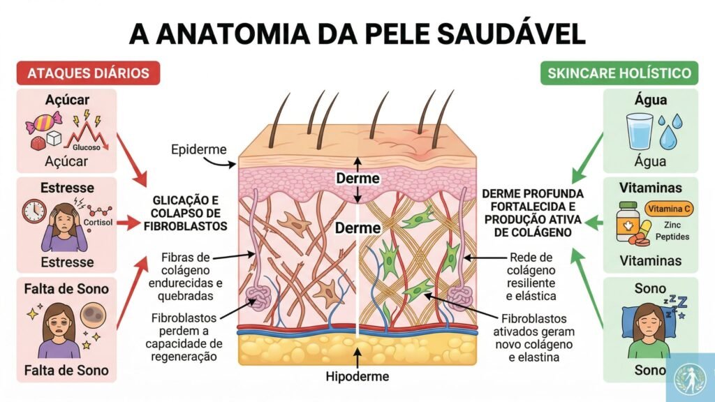 O Corpo é um Ecossistema e como Potencializar Resultados de Bioestimuladores e Skinboosters com Nutrição. 1 Um design limpo mostrando "A Anatomia da Pele Saudável". De um lado, "Ataques Diários" (açúcar, estresse, falta de sono) apontando para "Glicação e colapso de fibroblastos". Do outro lado, "Skincare Holístico" (água, vitaminas, sono) apontando para "Derme profunda fortalecida e produção ativa de colágeno".